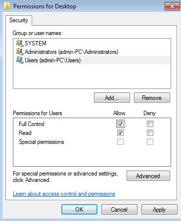 Checking for Full Control selection