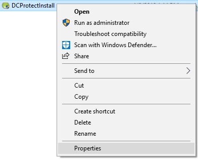 画像は、DCProtectInstall.exeを右クリックした後に表示される［Properties］オプションを示しています。