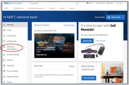 Software & Subscriptions on Dell My Account