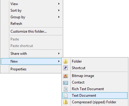 L’image illustre l’option Document texte qui s’affiche lorsque vous cliquez avec le bouton droit de la souris dans l’Explorateur Windows et que vous sélectionnez Nouveau.