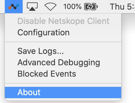 Netskope Client-menu med indstillingen Om