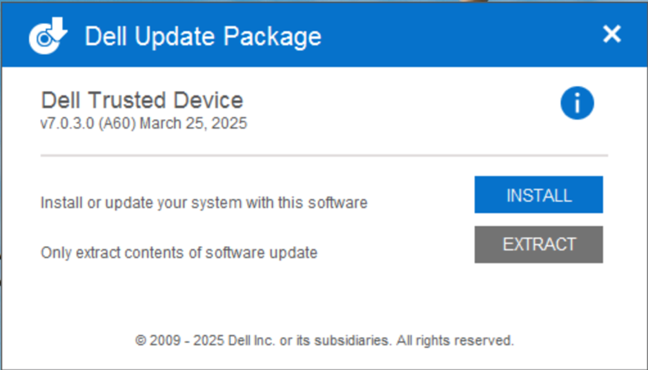 Knappen INSTALLATION af Dell Update Package