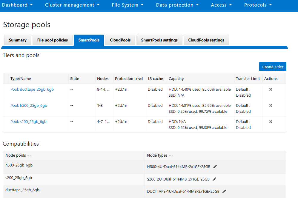Storage pools screen