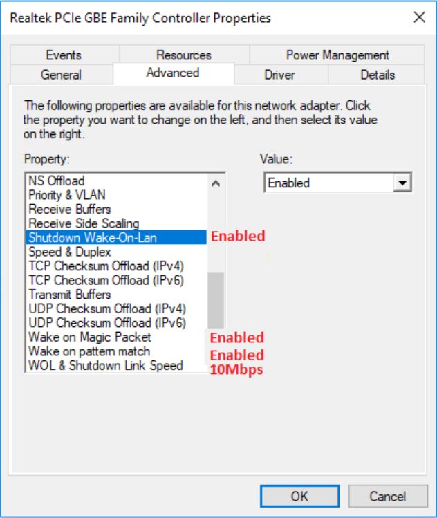 Realtek PCIe GBEネットワーク アダプター ドライバーの［詳細設定］プロパティ