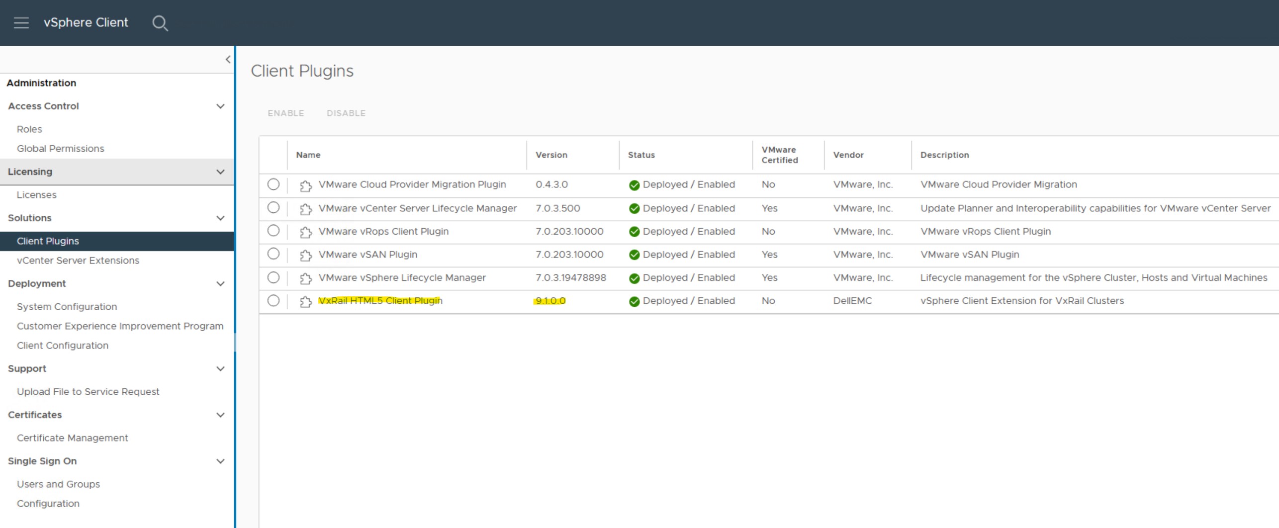 Snímek obrazovky doplňku VxRail v clusteru VxRail 7.0.400