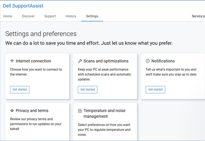 Settings option in Dell SupportAssist