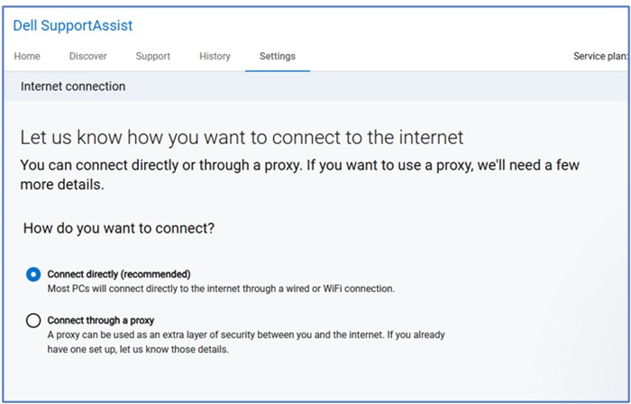 Dell SupportAssist option Connect directly (recommend)