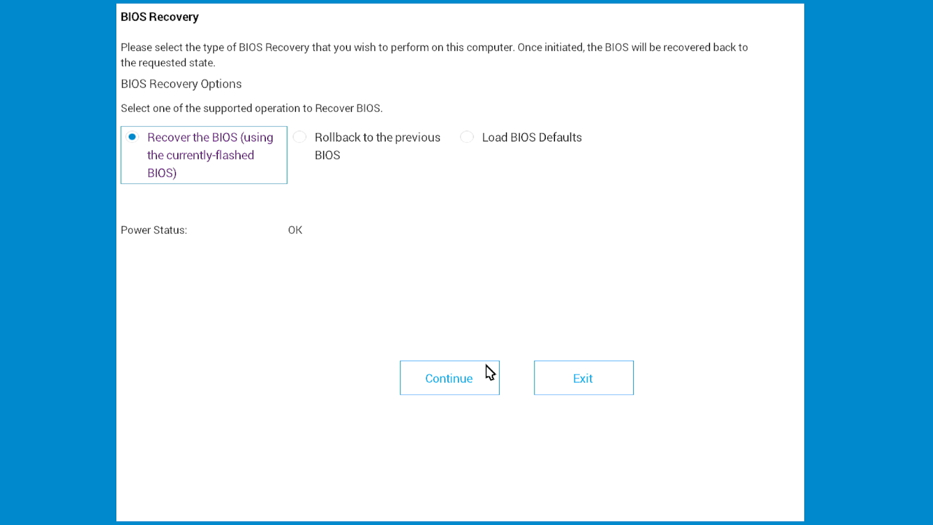 Latitude BIOS 復原畫面中的復原 BIOS 選項