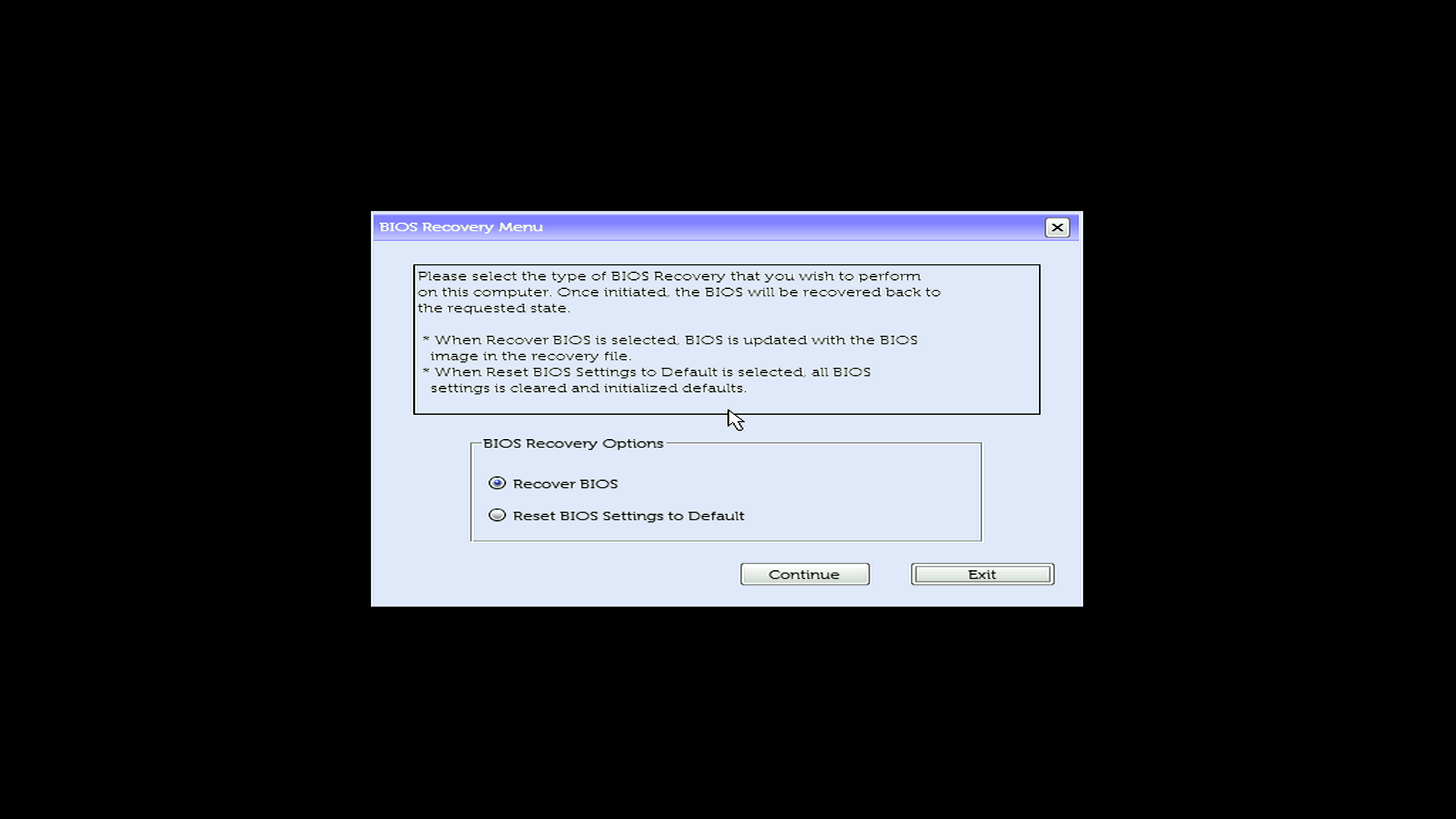 OptiPlex 3040 BIOS 復原功能表中的復原 BIOS 選項