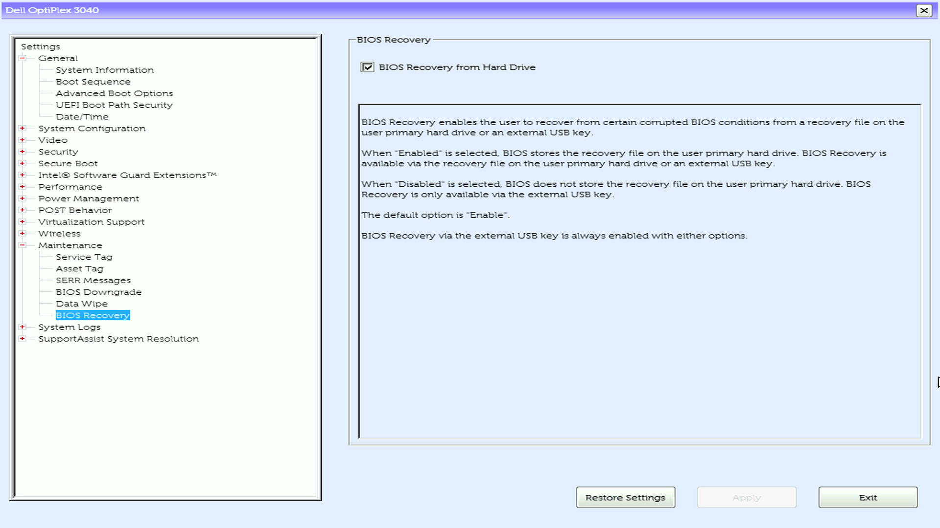 Opção BIOS Recovery from Hard Drive ativada na tela BIOS Setup de um OptiPlex 3040