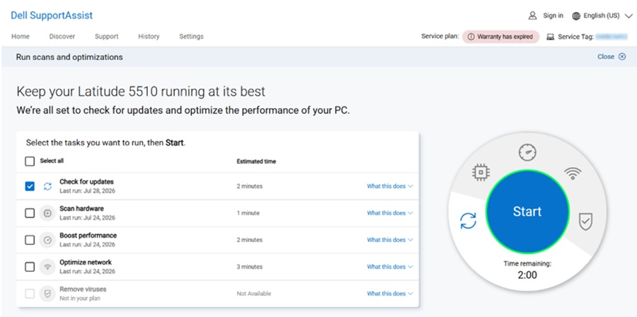 Start button to check for SupportAssist updates