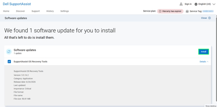 selection made for SupportAssist OS Recovery Tools and Install
