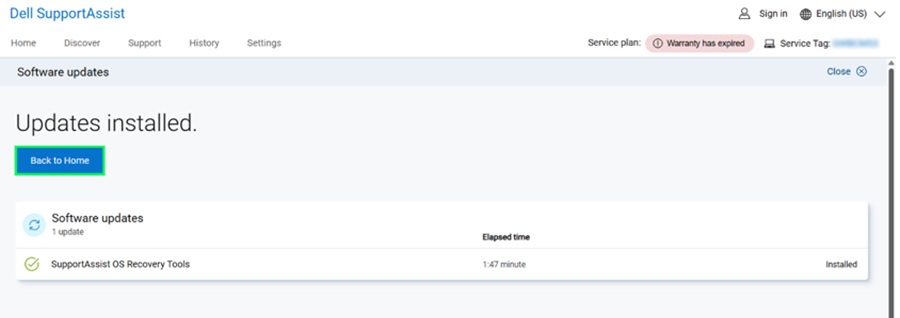 Updates installed opion to click Back to Home or close SupportAssist