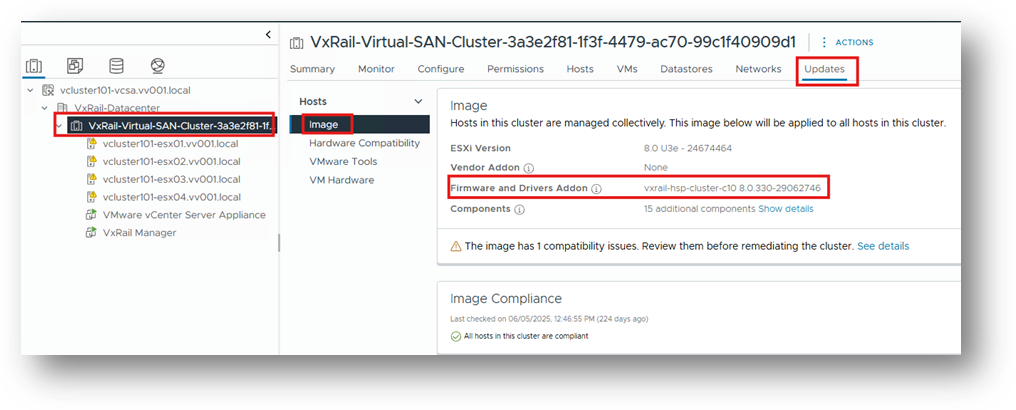 En el complemento Firmware y controladores, se muestra vxrail-hsp-cluster