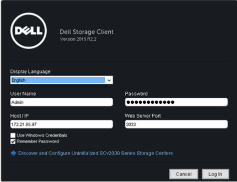 Log in to Storage Center screen