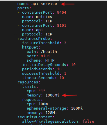 Example of where to edit the values for the apiservice