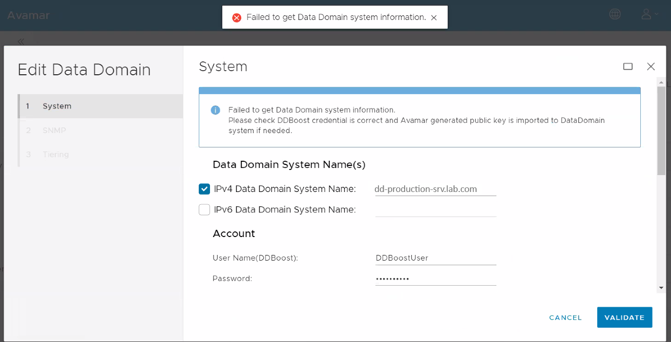 AUI edit Data Domain system näyttää virheilmoituksen