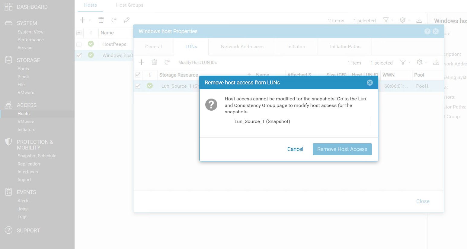 Quitar el acceso de host de los LUN