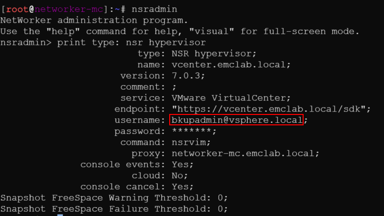 nsradmin 命令查找用户名的结果