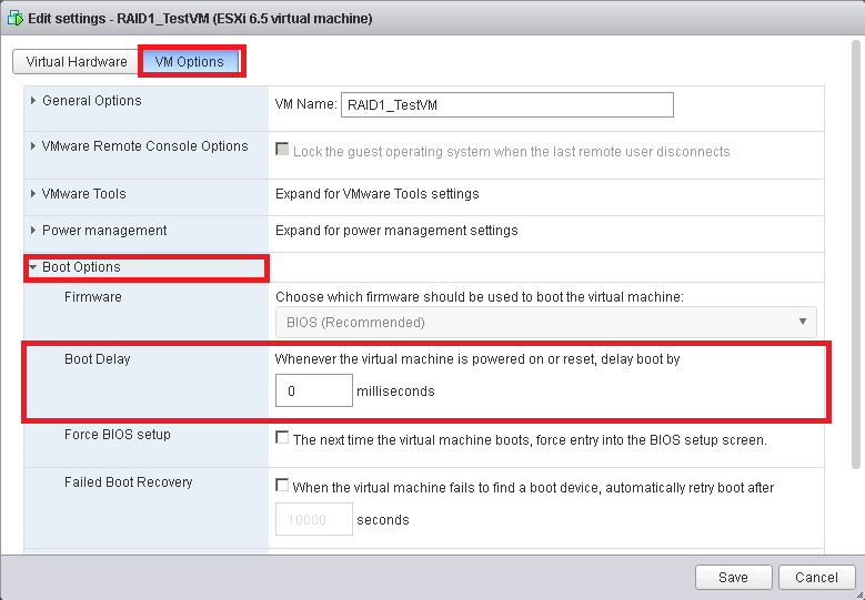 Schermafbeelding van de opstartmenuopties voor de VM