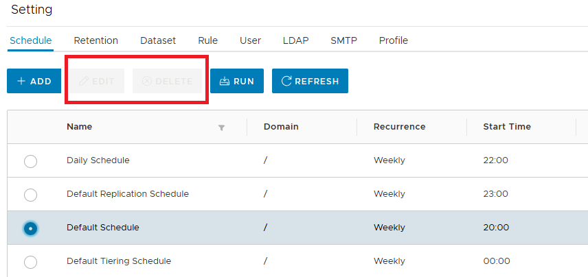 Avamar AUI - Unable to edit or delete built-in schedules