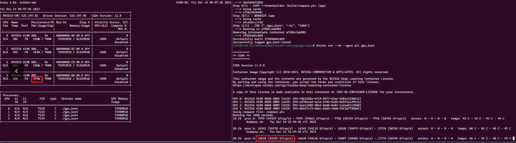 nvidia-smi and GPU_burn log output