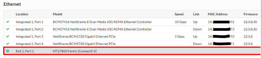 Example of card firmware level, card setting, and link status