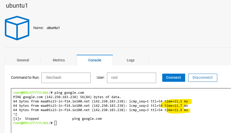 A 成功 ping 到內部指派的 IP