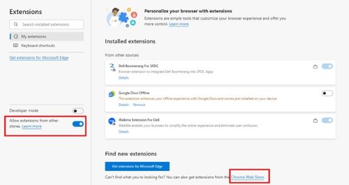 Abilita l'opzione Consenti estensioni da altri store e fai clic su Chrome Web Store