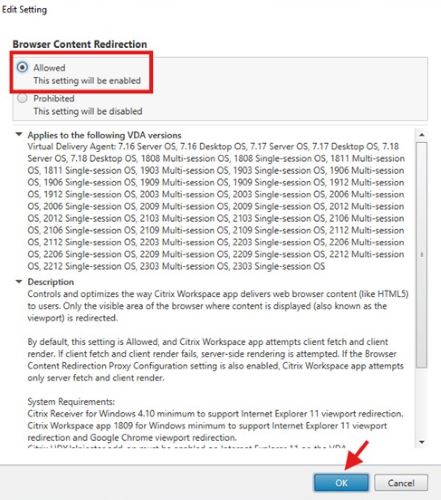 将策略设置为 Allowed，然后单击 OK