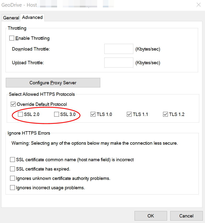The figure below is showing the default setting for "SSL 2.0" and "SSL 3.0" as not checkmarked.