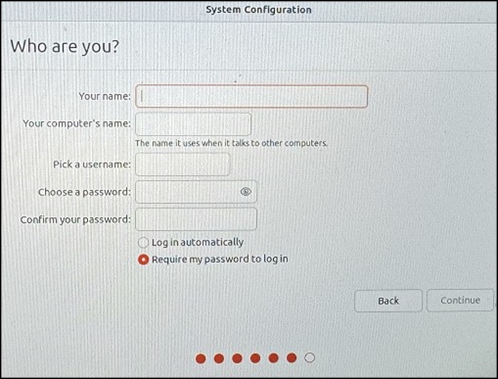 Ubuntu-järjestelmän kokoonpano, nimi ja salasana