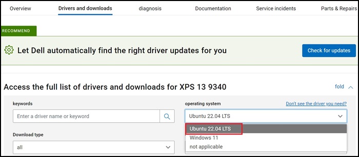 Dell.com website Drivers en downloads, opties voor XPS 13 9340 drivers en downloads, besturingssysteem Ubuntu
