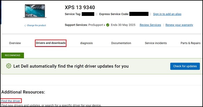 Dell.com 驅動程式與下載網站、XPS 13 9340 驅動程式與下載選項