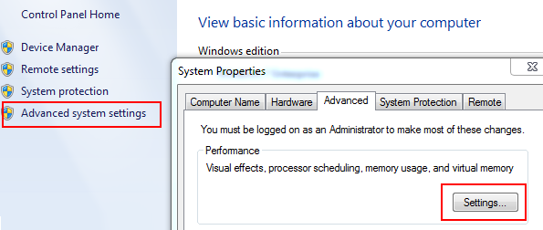Obrázek s upřesněným nastavením systému Windows