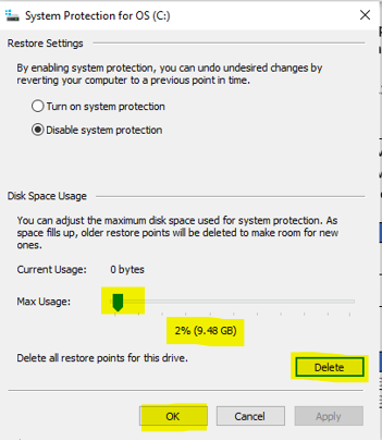 Eliminazione di tutti i punti di ripristino e impostazione di Utilizzo massimo sul 2%