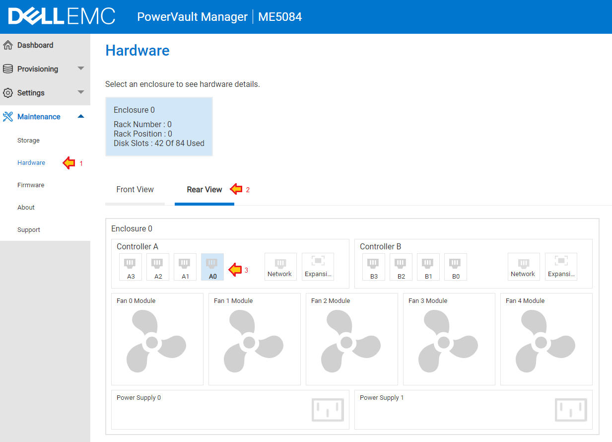 Select Rear View and click each port in turn to see current port status