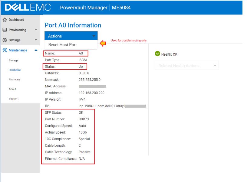 Der vises oplysninger om den fremhævede port