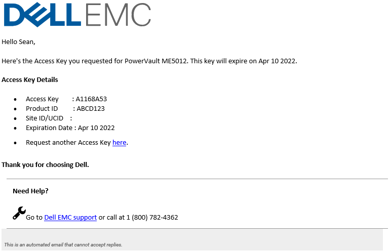 E-mail di esempio con chiave di accesso