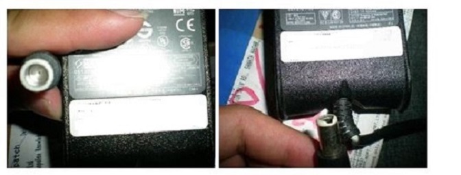 Beispiel für einen Stift im Netzadapterstecker, der verbogen oder kaputt ist.