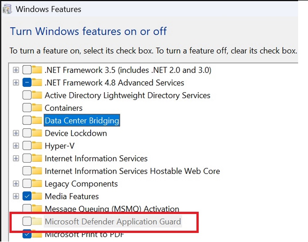Greyed out Microsoft Defender Application Guard option