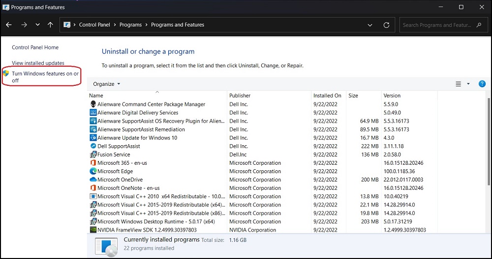 Windows Programs and Features