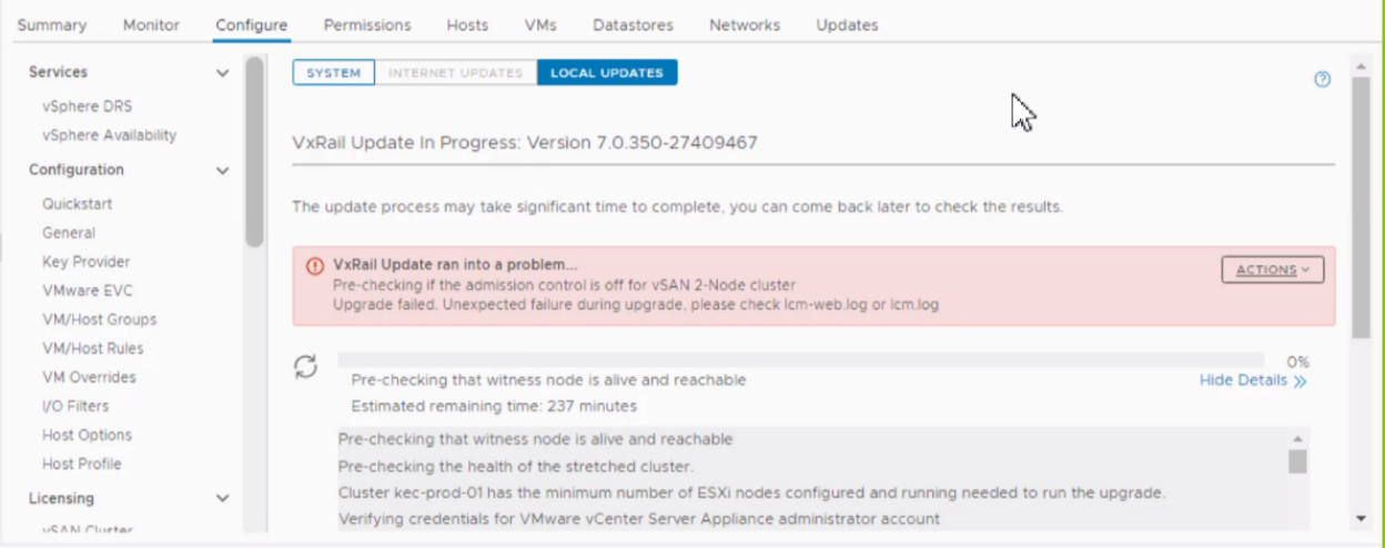 Попередня перевірка контролю допуску на помилку кластера vSAN 2-Node