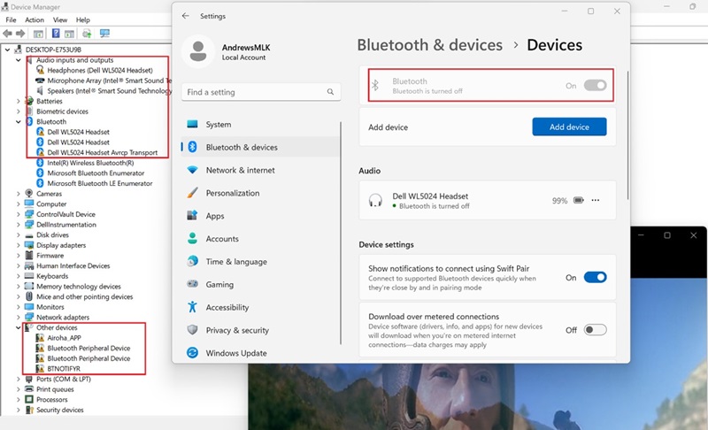 Bluetooth og enhetsinnstillinger