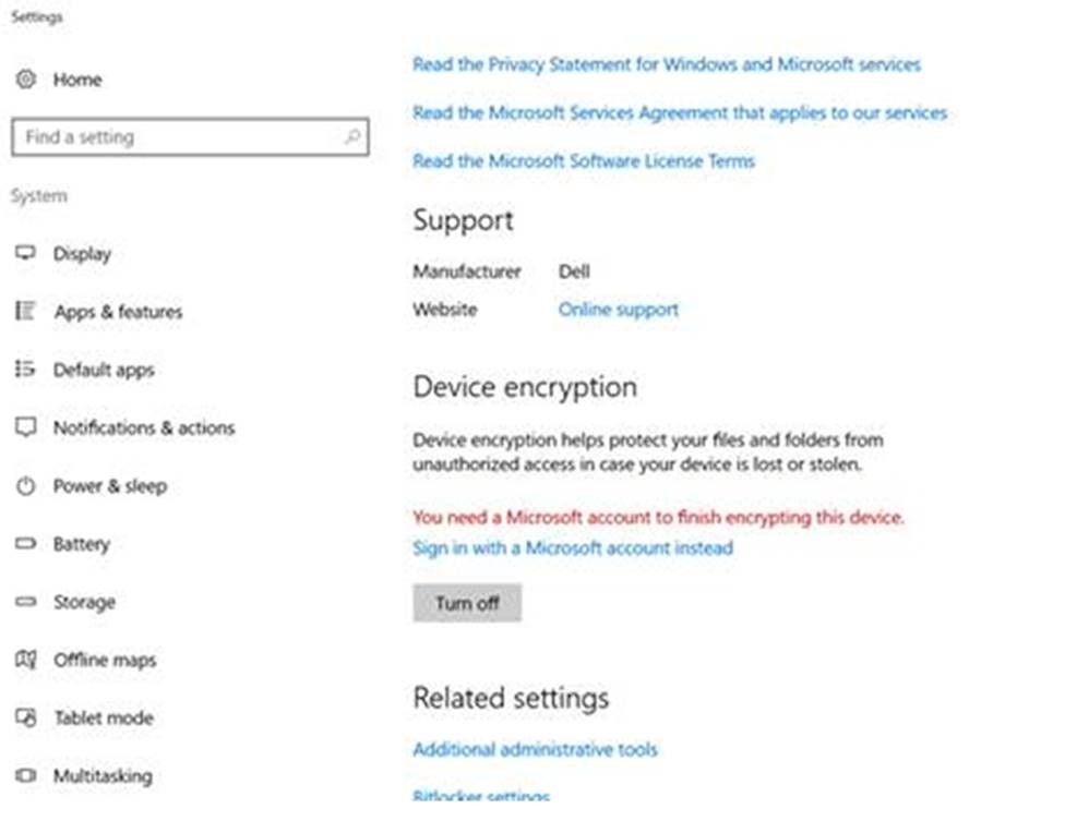 Figure 2:   Device Encryption settings 