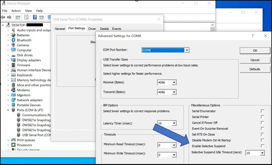 Gestionnaire de périphériques Windows, paramètres avancés pour COMX