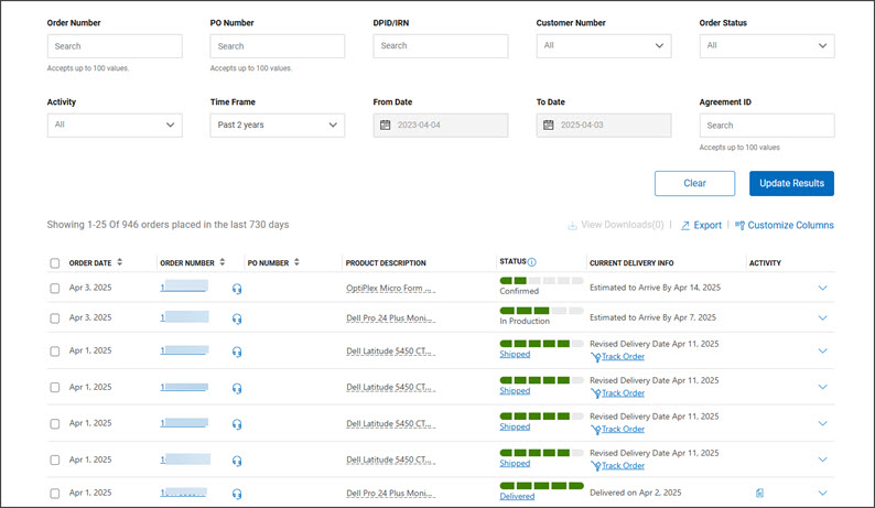 Page d’état de la commande en ligne