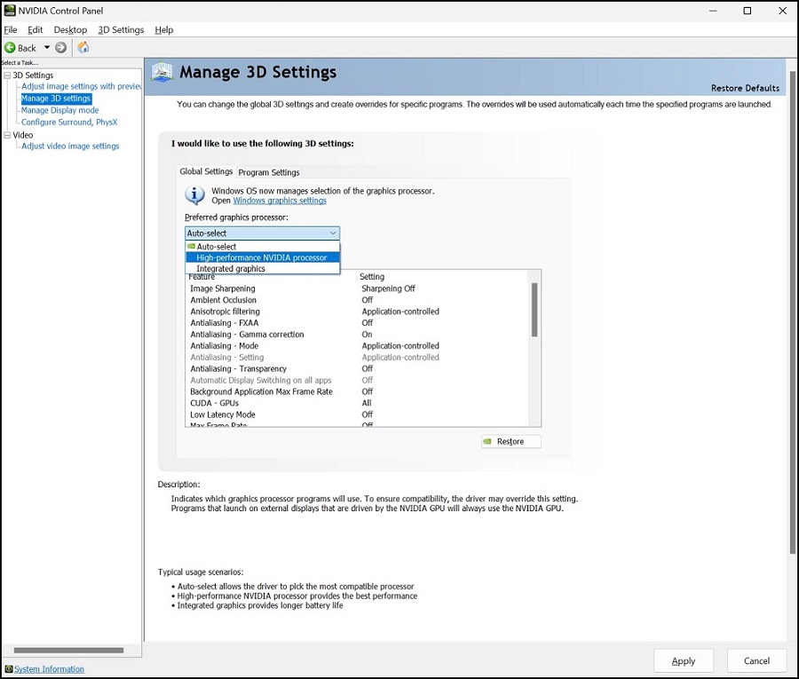 NVIDIA Control Panel Manage 3D Setting, Preferred Graphics Processor
