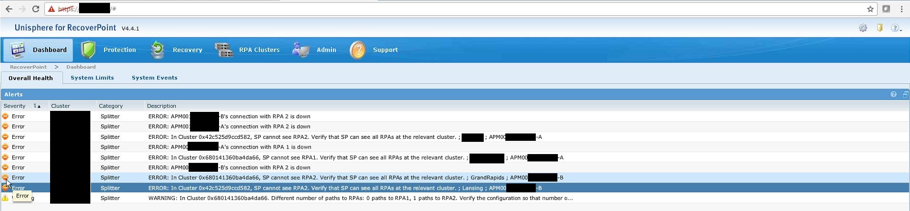 來自 Unisphere 的 RecoverPoint 錯誤