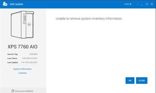Dell Update，无法检索计算机资源清册信息消息